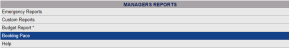 Managers Reports section of the Reports Menu with Booking Pace command selected